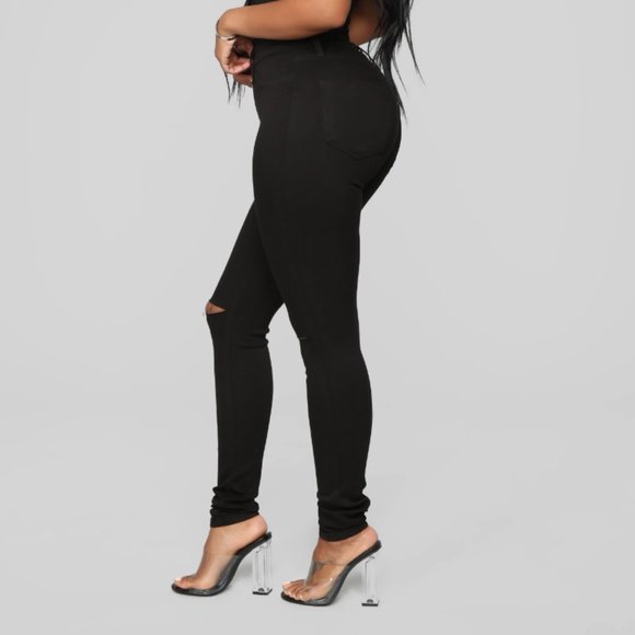 Black High Waist Slit Knee Stretch Jeans - Picture 4 of 5